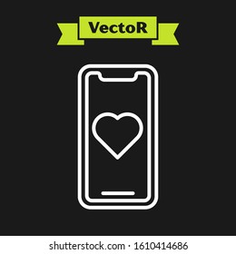 White line Mobile phone with heart icon isolated on black background. Valentines day.  Vector Illustration