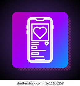 White line Mobile phone with heart icon isolated on black background. Valentines day. Square color button. Vector Illustration