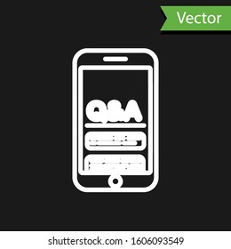 White line Mobile phone with Question and Exclamation icon isolated on black background. Frequently asked questions.  Vector Illustration