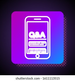 White line Mobile phone with Question and Exclamation icon isolated on black background. Frequently asked questions. Square color button. Vector Illustration