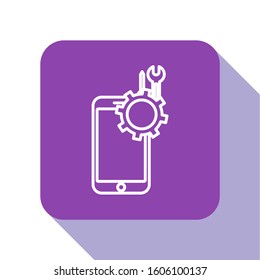 White line Mobile phone with screwdriver and wrench icon isolated on white background. Adjusting, service, setting, maintenance, repair. Purple square button. Vector Illustration