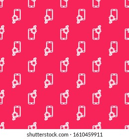 White line Mobile phone with screwdriver and wrench icon isolated seamless pattern on red background. Adjusting, service, setting, maintenance, repair.  Vector Illustration