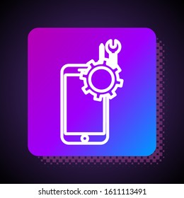 White line Mobile phone with screwdriver and wrench icon isolated on black background. Adjusting, service, setting, maintenance, repair. Square color button. Vector Illustration