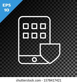 White line Mobile phone with shield icon isolated on transparent dark background. Smartphone insurance. Security, safety, protection, protect concept.  Vector Illustration