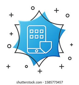 White line Mobile phone with shield icon isolated on white background. Smartphone insurance. Security, safety, protection, protect concept. Blue hexagon button. Vector Illustration