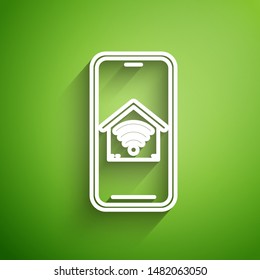 White line Mobile phone with smart home with wi-fi icon isolated on green background. Remote control.  Vector Illustration
