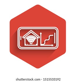 White line Mobile phone with smart home with wi-fi icon isolated with long shadow. Remote control. Red hexagon button. Vector Illustration