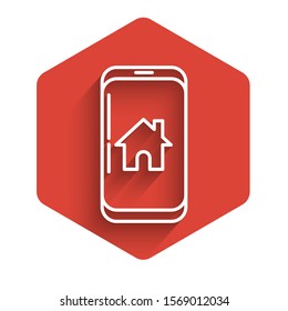 White line Mobile phone with smart home icon isolated with long shadow. Remote control. Red hexagon button. Vector Illustration