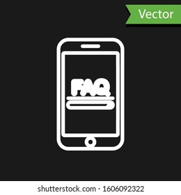 White line Mobile phone with text FAQ information icon isolated on black background. Frequently asked questions.  Vector Illustration