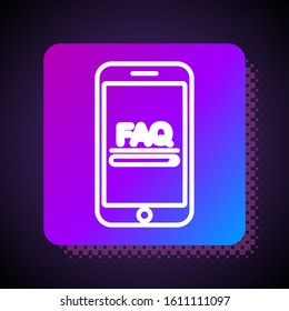 White line Mobile phone with text FAQ information icon isolated on black background. Frequently asked questions. Square color button. Vector Illustration