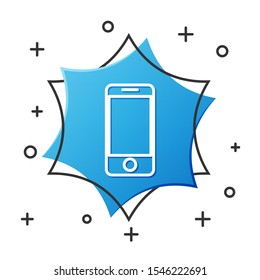 White line Mobile smart phone with app delivery tracking icon isolated on white background. Parcel tracking. Blue hexagon button. Vector Illustration