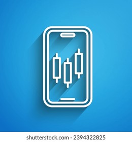 White line Mobile stock trading concept icon isolated on blue background. Online trading, stock market analysis, business and investment. Long shadow. Vector