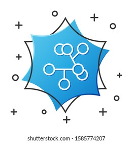 White line Molecule icon isolated on white background. Structure of molecules in chemistry, science teachers innovative educational poster. Blue hexagon button. Vector Illustration