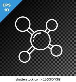 Icono de molécula de línea blanca aislado en fondo oscuro transparente. Estructura de moléculas en la química, profesores de ciencias afiche educativo innovador. Ilustración vectorial