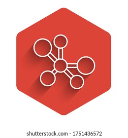 White line Molecule icon isolated with long shadow. Structure of molecules in chemistry, science teachers innovative educational poster. Red hexagon button. Vector