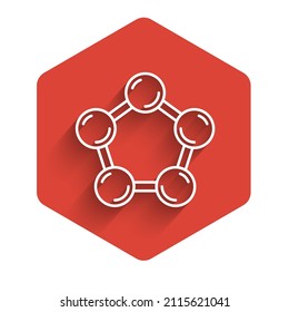 White line Molecule icon isolated with long shadow. Structure of molecules in chemistry, science teachers innovative educational poster. Red hexagon button. Vector