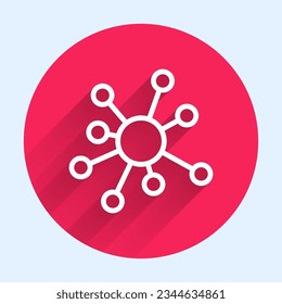 Icono de molécula de línea blanca aislado con fondo de sombra larga. Estructura de moléculas en la química, profesores de ciencias afiche educativo innovador. Botón de círculo rojo. Vector