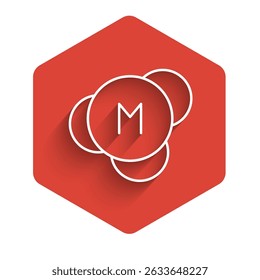 White line Molecule icon isolated with long shadow. Structure of molecules in chemistry, science teachers innovative educational poster. Red hexagon button. Vector
