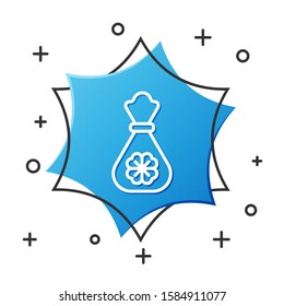 White line Money bag with four leaf clover icon isolated on white background. Cash Banking currency sign. Happy Saint Patricks day. Blue hexagon button. Vector Illustration