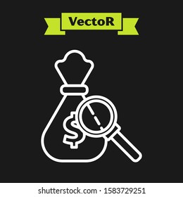 White line Money bag and magnifying glass icon isolated on black background. Dollar or USD symbol. Cash Banking currency sign.  Vector Illustration