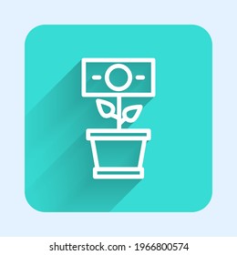 White line Money plant in the pot icon isolated with long shadow. Business investment growth concept. Money savings and investment. Green square button. Vector
