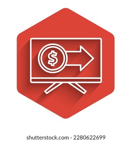 White line Monitor with dollar symbol icon isolated with long shadow. Online shopping concept. Earnings in the Internet, marketing. Red hexagon button. Vector Illustration