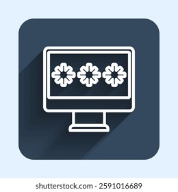 White line Monitor with password notification icon isolated with long shadow background. Security, personal access, user authorization, login form. Blue square button. Vector