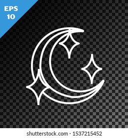 White line Moon and stars icon isolated on transparent dark background.  Vector Illustration