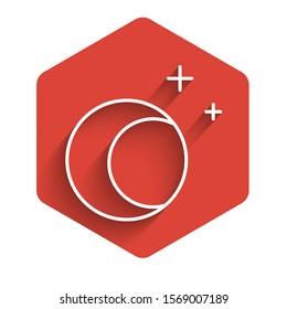White line Moon and stars icon isolated with long shadow. Red hexagon button. Vector Illustration
