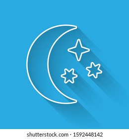 White line Moon and stars icon isolated with long shadow.  Vector Illustration