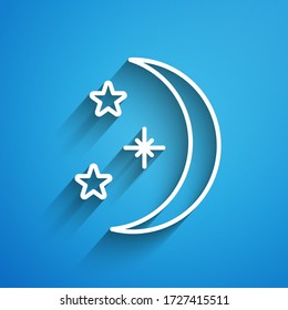 White line Moon and stars icon isolated on blue background. Long shadow. Vector Illustration