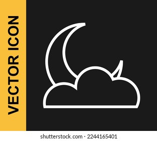 White line Moon and stars icon isolated on black background. Cloudy night sign. Sleep dreams symbol. Full moon. Night or bed time sign.  Vector