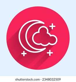 White line Moon and stars icon isolated with long shadow. Red circle button. Vector