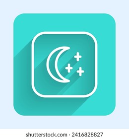 White line Moon and stars icon isolated with long shadow background. Cloudy night sign. Sleep dreams symbol. Full moon. Night or bed time sign. Green square button. Vector