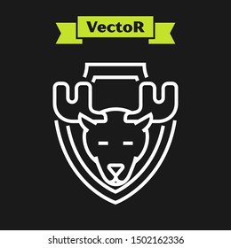 White line Moose head on shield icon isolated on black background. Hunting trophy on wall.  Vector Illustration