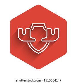 White line Moose horns on shield icon isolated with long shadow. Hunting trophy on wall. Red hexagon button. Vector Illustration