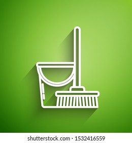 White line Mop and bucket icon isolated on green background. Cleaning service concept.  Vector Illustration