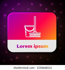 White line Mop and bucket icon isolated on black background. Cleaning service concept. Rectangle color button. Vector Illustration