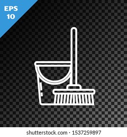 White line Mop and bucket icon isolated on transparent dark background. Cleaning service concept.  Vector Illustration