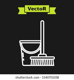 White line Mop and bucket icon isolated on black background. Cleaning service concept.  Vector Illustration