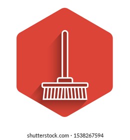 White line Mop icon isolated with long shadow. Cleaning service concept. Red hexagon button. Vector Illustration