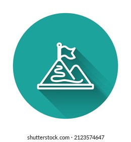 White line Mountains with flag on top icon isolated with long shadow background. Symbol of victory or success concept. Goal achievement. Green circle button. Vector