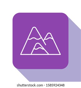 White line Mountains icon isolated on white background. Symbol of victory or success concept. Purple square button. Vector Illustration
