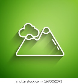 White line Mountains icon isolated on green background. Symbol of victory or success concept.  Vector Illustration