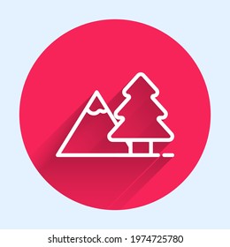 White line Mountains with tree icon isolated with long shadow. Symbol of victory or success concept. Red circle button. Vector