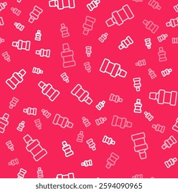 White line Mouthwash plastic bottle icon isolated seamless pattern on red background. Liquid for rinsing mouth. Oralcare equipment.  Vector
