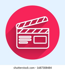White line Movie clapper icon isolated with long shadow. Film clapper board. Clapperboard sign. Cinema production or media industry. Red circle button. Vector Illustration