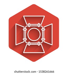 White line Movie spotlight icon isolated with long shadow. Light Effect. Scene, Studio, Show. Red hexagon button. Vector Illustration
