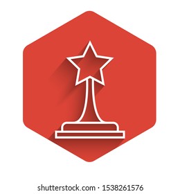 White line Movie trophy icon isolated with long shadow. Academy award icon. Films and cinema symbol. Red hexagon button. Vector Illustration