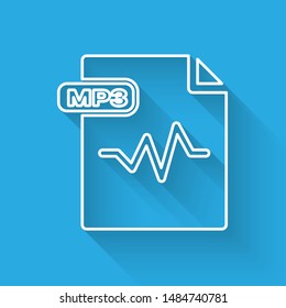 White line MP3 file document. Download mp3 button icon isolated with long shadow. Mp3 music format sign. MP3 file symbol.  Vector Illustration
